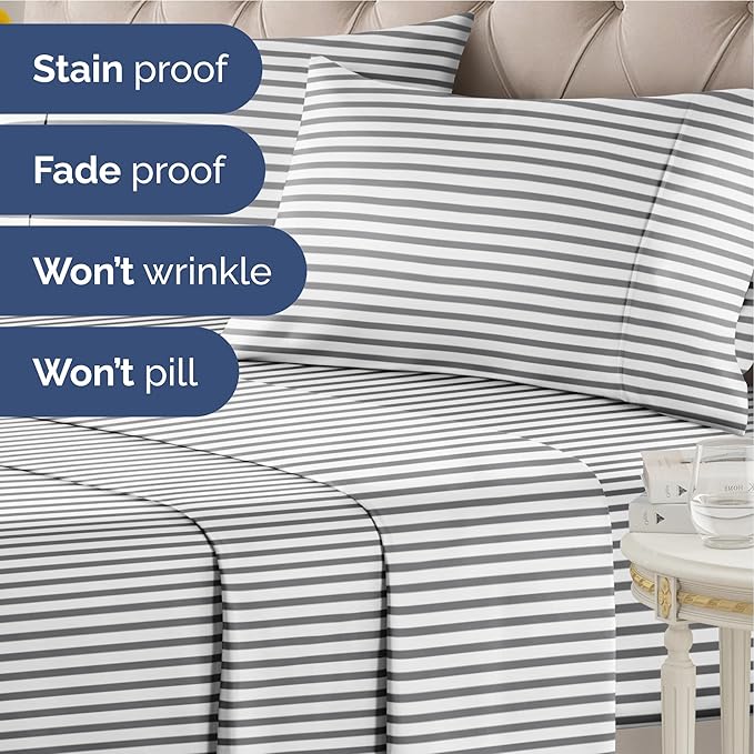 Striped Sheets - Grey Striped Sheets - 1 Flat & 1 Fitted & 2 Pillowcases w/ Deep Pockets – Wrinkle & Fade Free - Ultra-Soft, Breathable and Cooling – Luxury Pinstripe Bedding - Cal King Size Bed Set
