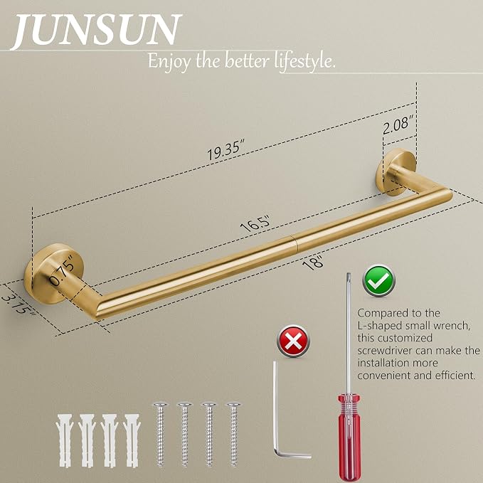 Brushed Gold Bath Towel Bar 18 Inch Bathroom Towel Rack Wall Mounted Towel Holder Modern Home Decor Towel Rod Bathroom Hardware Gold Towel Hanger Towel Rail Towel Shelf Single Towel Bars Brushed Brass