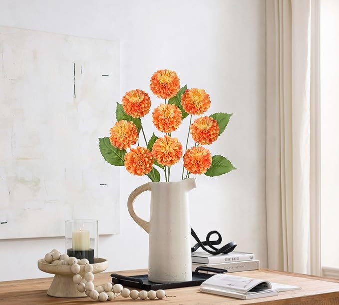 Hollyone 27.6" Orange Artificial Dahlia Flowers 3Pcs Fake Roses Bouquet Ball Dahlia Flower Arrangement Faux Pincushion Flower with 3 Heads Long Stem for Centerpiece Home Decor