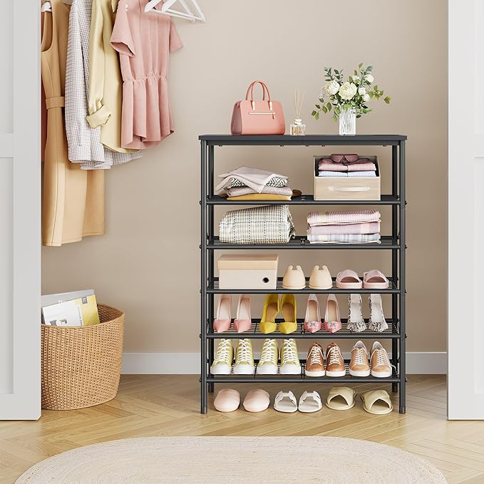Tajsoon 6 Tier Shoe Rack Organizer for 20-24 Pairs of Shoes, Metal Mesh Shoe Shelf for Closet, Industrial Shoe Rack for Entryway Shoe Storage with X Shape Fixed Frame, Black