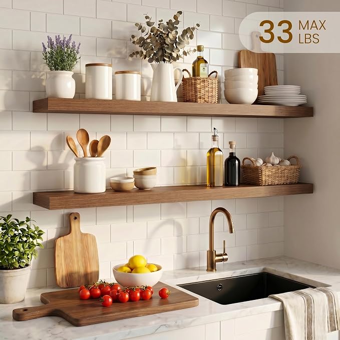 Dreamland 32inch Floating Shelves for Wall, Rustic Walnut Floating Shelves for Bathroom|Bedroom|Kitchen, Deep Wall Mounted Book Shelf, Wood Storage Display Shelf for Home Decor, Set of 2