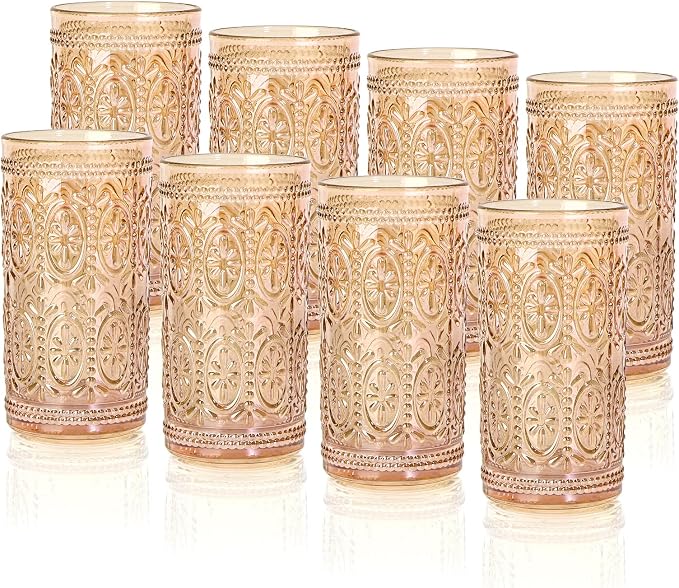 Darlion Amber Drinking Glasses, Highball Glass Cups, Amber Glassware, Drinking Glasses Set of 8, Vintage Water Cups for Party Wedding Gift