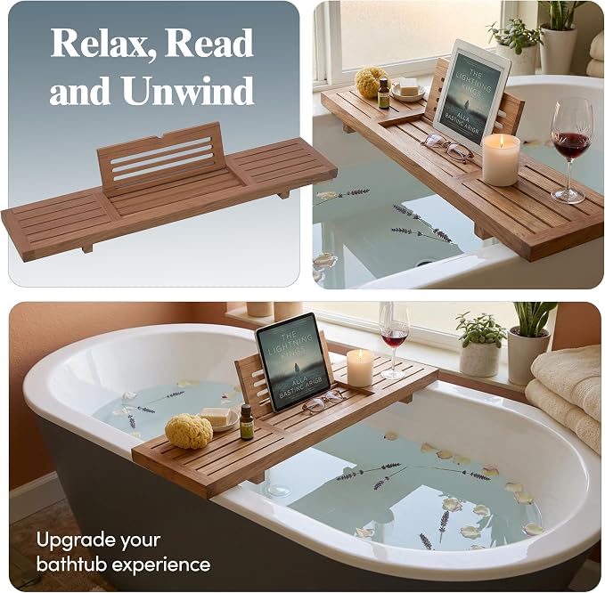 AquaTeak 30" Manada Teak Bathtub Tray Caddy - Durable, Water-Resistant Bath Tray for Tub with Foldable Book & Tablet Stand - Fits Standard Soaking Bathtubs - Bathroom Accessories for Spa
