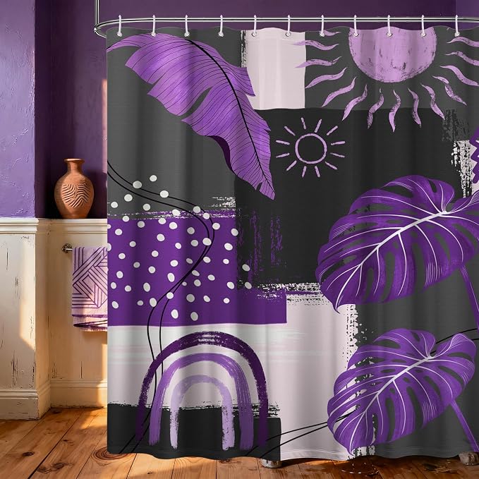 Small Stall Narrow Shower Curtain Purple and Gray Stand Up Dark Purple and Grey Abstract Shower Curtains for Rv Camper Bathroom Decor Sets, Waterproof Cloth Fabric with Hooks, 48 x 72 Inch