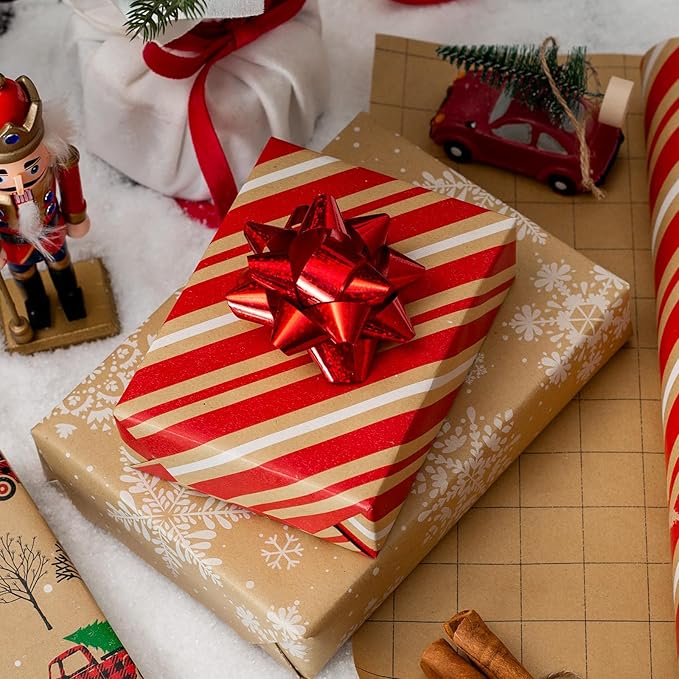 MAYPLUSS Christmas Wrapping Paper Roll - Mini Roll - 17in x 120in - Christmas Kraft Paper White Snowflake Red Truck, Stripe for Party, Birthday, Wedding, Anniversary (42.3 sqft)