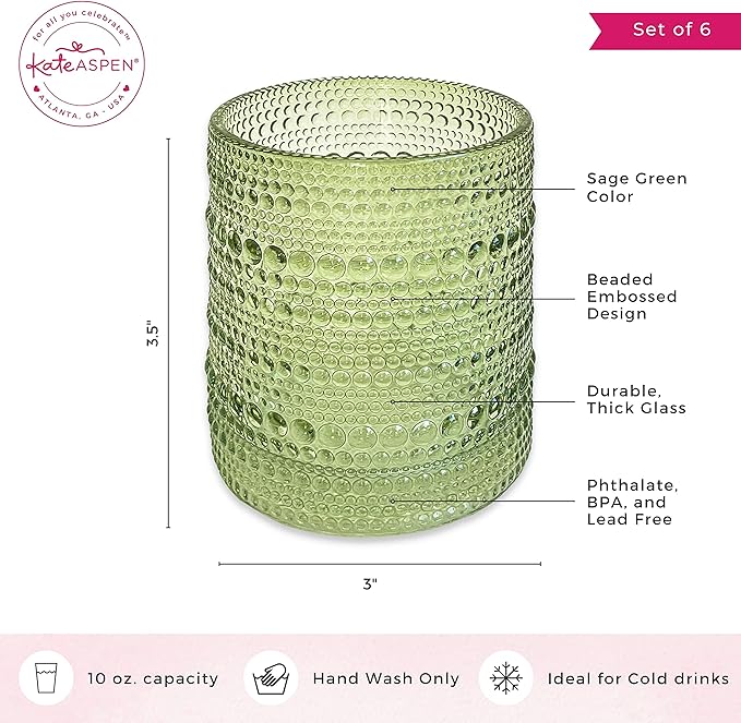 Kate Aspen Sage Green Hobnail Beaded Drinking Glasses Set of 6-10 oz Vintage Glassware, Holiday Entertaining Drinkware, Water & Cocktail Glasses - Great Christmas or Hostess Gift