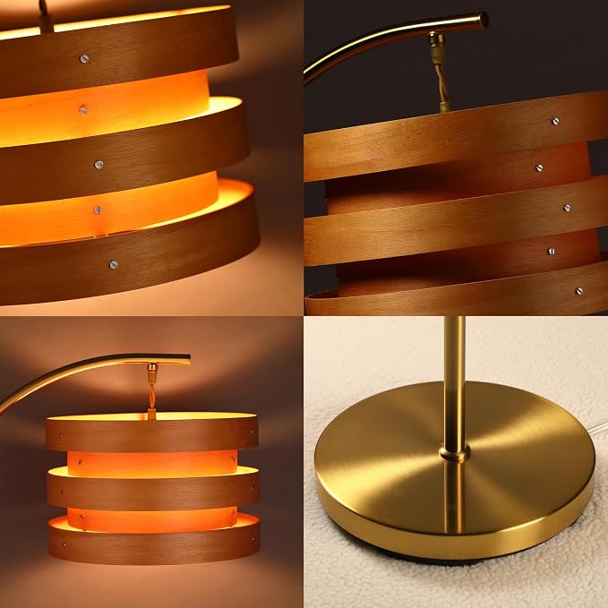 O’Bright Strata Wooden Floor Lamp - Mid Century Modern Standing Lamp with Layered Wood Shade, Tall Reading Lamp for Living Room, Bedroom, Office, Antique Brass, Light Oak, Horizon Shade