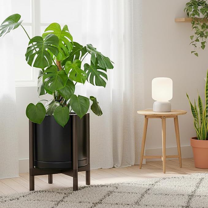 D'vine Dev Ceramic Planter with Walnut Color Stand - 14 Inch Modern Round Flower Pot with Wood Planter Holder, Black, 55-B-T-2