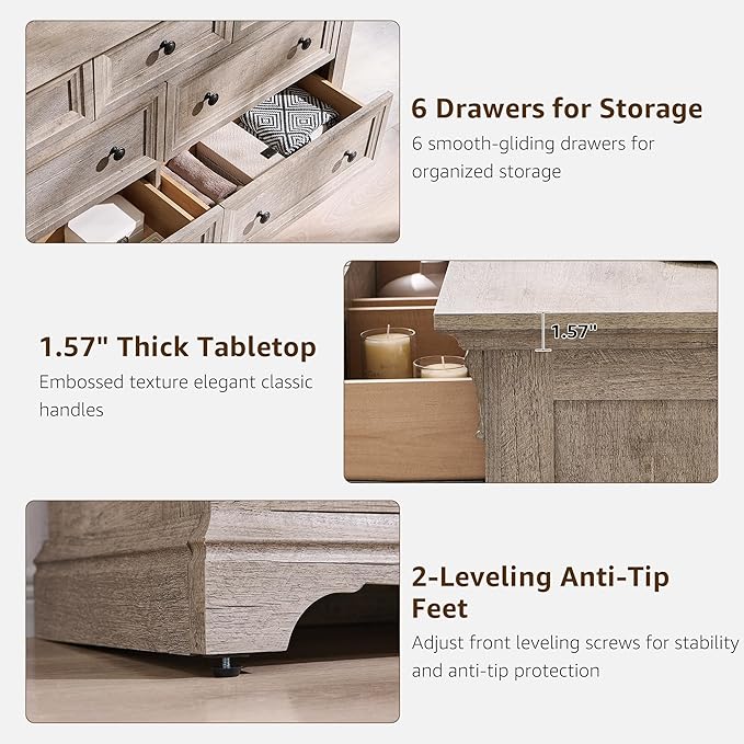 T4TREAM Farmhouse 7 Drawers Dresser for Bedroom, 54" Wide Wood Rustic Chest of Drawers w/Roman Column, Wooden Storage Dressers Organizer for Bedroom, Living Room, Light Rustic Oak