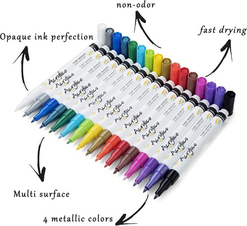 Skiennix Acrylic Paint Markers Set - 16 Fine Tip Pens for Fabric, Rock, Metal & Ceramic Art Projects