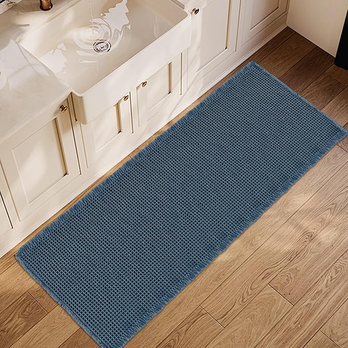ZALL Blue Waffle Bath Mat,Super Absorbent Non Slip Bathroom Rug, 24x60inch, Machine Washable Ultra Soft Floor Mats