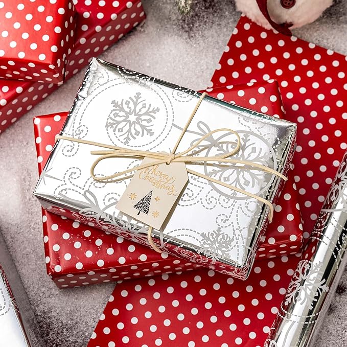 MAYPLUSS Christmas Wrapping Paper Roll - 17IN X 33FT - Silver Gift Wrapping Paper Featuring Snowflake Against Silver Reversible Polka Dot for Kids, Holiday, New Year