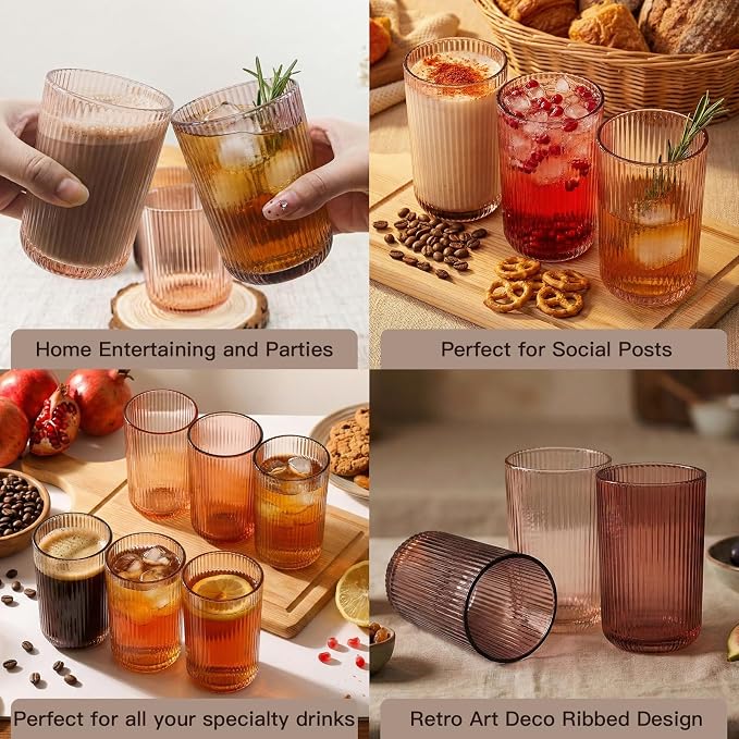 Melanin Colored Ribbed Highball Glasses Set of 6, 13.2oz Vintage Melanin Colored Glassware, Drinking Glasses for Water, Juice, Iced Coffee, Cocktails, Ribbed Glass Cups, Housewarming Christmas Gift