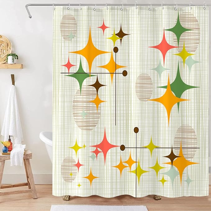 Long Mid Century Modern Shower Curtain Retro Stars Shower Curtains for Bathroom Abstract Vintage Boho Art Waterproof Fabric Bath Curtain Decor (Yellow1, 72'' x 78'')