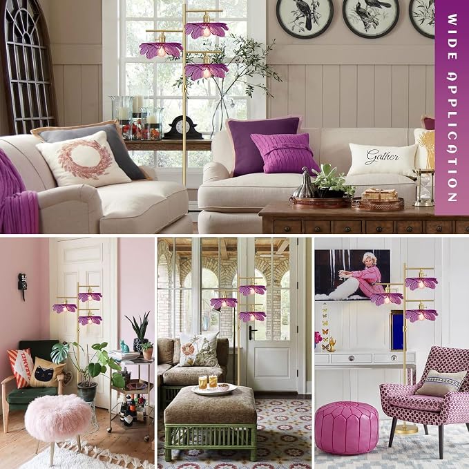 Dimmable tall floor lamp for Living Room 65" mid century modern floor lamp ,3 Lights Gold Standing Lamps vintage floor lamps Purple glass Flower floor light for Bedroom corner Study Office Home