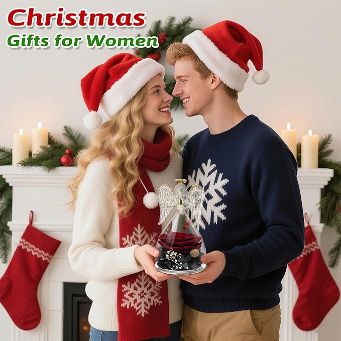 Yamonic Mom Birthday Gifts for Women,Glass Angel Figurines Real Rose Gifts for Grandma,Preserved Roses Forever Flower for Christmas Mothers Day Wife Anniversary Valentine's Day Gifts for Her(WineRed)