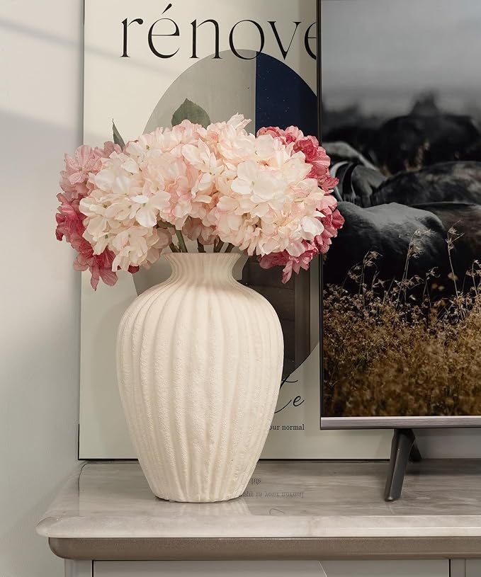 Handmade Ceramic Decorative Vase – Warm White Rustic Textured 10.4” Round Vase with Irregular Waves and Weathered Stone Finish for Home, Office, Farmhouse Decor