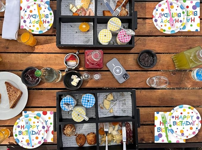 72Pcs Happy Birthday Plates and Napkins, Colorful Dots Paper Plates and Napkins Forks 7inch Disposable Cake Dessert Plates Tableware Decorations for Boys Girls Birthday Party, Serve 24