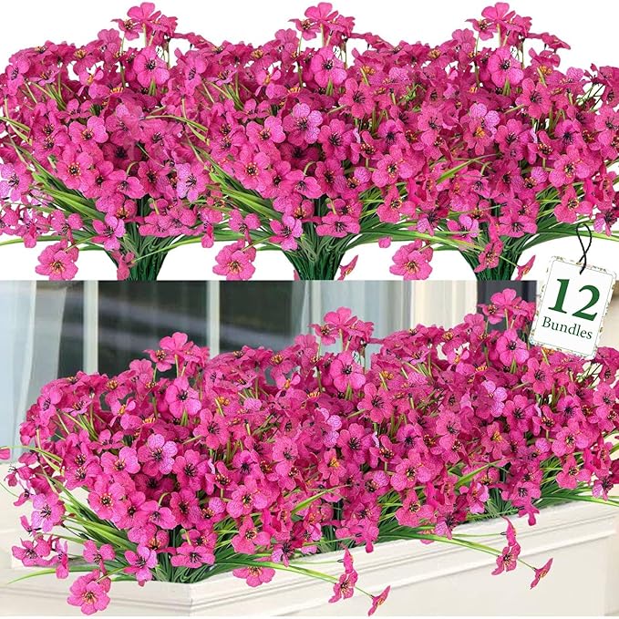 Ouddy Decor 12 Bundles Artificial Flowers for Decorations Fake Silk Plants for Outdoors UV Resistant Faux Plastic Greenery Stems for Garden Porch Window Box Home Spring Decor, Rose Red