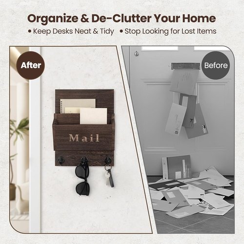 Mail and Key Holder | Decorative Wall Key Hanger - 9.8" x 12.5" Real Paulownia Wood with 2 Mail Slots & 3 Hooks (Brown)