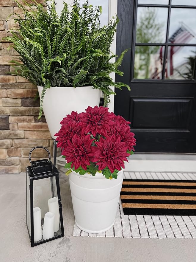Hollyone Red Artificial Dahlia Flowers Bush Fake Fall Flowers Artificial for Decoration Outdoor Indoor 7 Heads Silk Faux Dahlias Flower Bouquets Arrangements Centerpieces Fall Decorations for Home