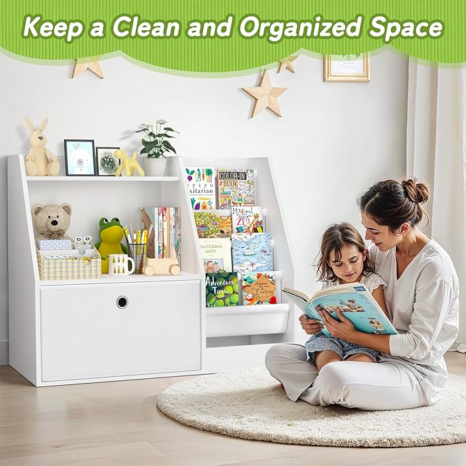 TOETOL Kids Bookshelf,Book Storage Organizer,4 Sling Toddler Wooden Book Shelf,2-Tier Kids Bookcase for Bedroom,Livingroom,Playroom,Nursery-White