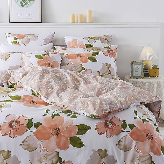 FADFAY Duvet Cover Twin XL Elegant Watercolor Floral Bedding Shabby Orange Flower Quilt Cover Vintage Farmhouse Bedding 100% Cotton Soft Comforter Cover with Hidden Zipper Closure 3Pc, Twin XL Size