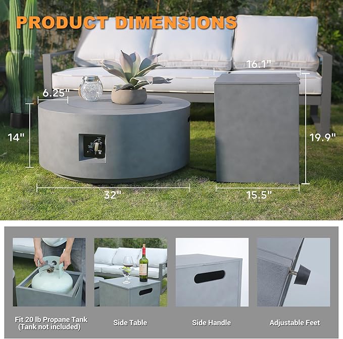 Fire Pit Table with Natural Gas Conversion Kit, 32 Inch 4-Piece Outdoor Propane Fire Pit Table 65,000 BTU Round Gas Firepit, Wind Guard, Tank Cover and BBQ Grill for Garden, Patio, Grey