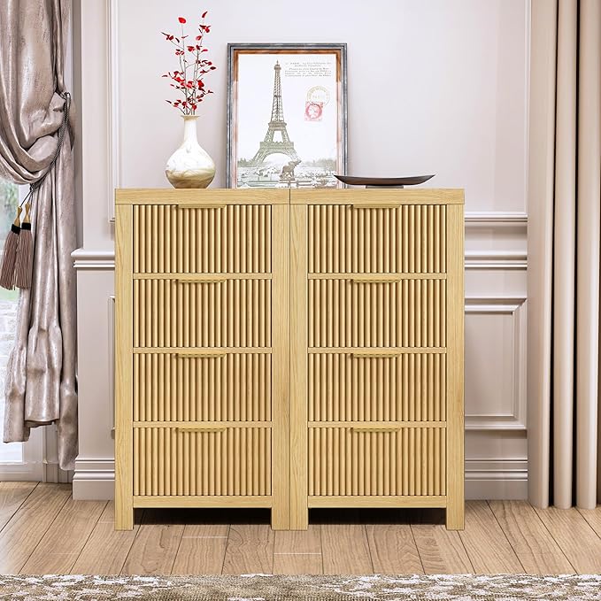 Modern 8-Drawer Solid Wood Dresser with Fluted Front & Gold Handles, Multifunctional Tall Storage Chest, for Hallway, Entryway, Natural X2