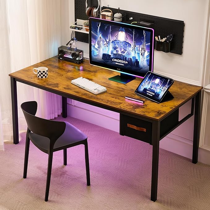 Computer Desk with Drawer, 63 Inch Large Home Office Work Desks, Modern Writing Study PC Desk Gaming Table for Bedroom Home, Stable Thick Metal Legs Frame Support （Rustic Brown）