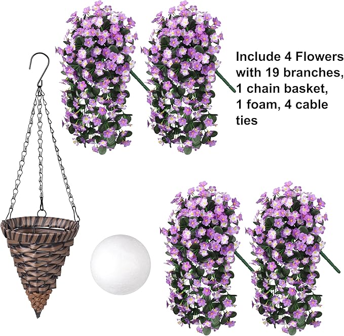 Artificial Faux Fall Hanging Mums Flowers Plants Baskets for Outdoor Outside, Fake Silk Light Fuchsia Daisy Orchid Trailing Vines in Planter Realistic UV Resistant for Balcony Porch Decor