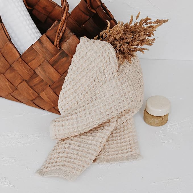 sea me at home Waffle Hand Towel – 100% Turkish Cotton, Quick-Dry, Soft and Absorbent Bathroom Towel (Beige)