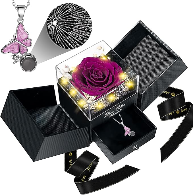 DRTINA Preserved Purple Real Rose with I Love You Butterfly Necklace-Eternal Flowers Rose Birthday Gifts for Women Wife Mom Girlfriend Grandma on Mothers Day Valentines Anniversary Christmas Romantic