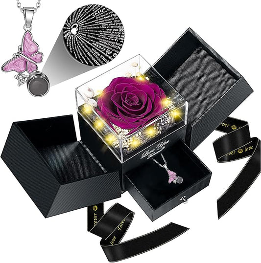 DRTINA Preserved Purple Real Rose with I Love You Butterfly Necklace-Eternal Flowers Rose Birthday Gifts for Women Wife Mom Girlfriend Grandma on Mothers Day Valentines Anniversary Christmas Romantic