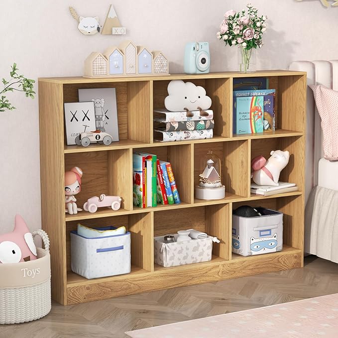 HONEY JOY Kids Toy Storage Organizer, 10-Section Wooden Floor Storage Cabinet, 41” Daycare Toy Chest, 3-Tier Kids Display Bookshelf for Classroom, Playroom & Nursery, Kindergarten (Natural)