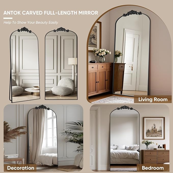 Antok Arched Full Length Mirror, 71"x32" Floor Mirror with Carved, Full Body Mirrors for HomeDecor, Standing/Halling Large Wall Mirror for Bedroom, Living Room, Cloakroom, Black, Retro Style