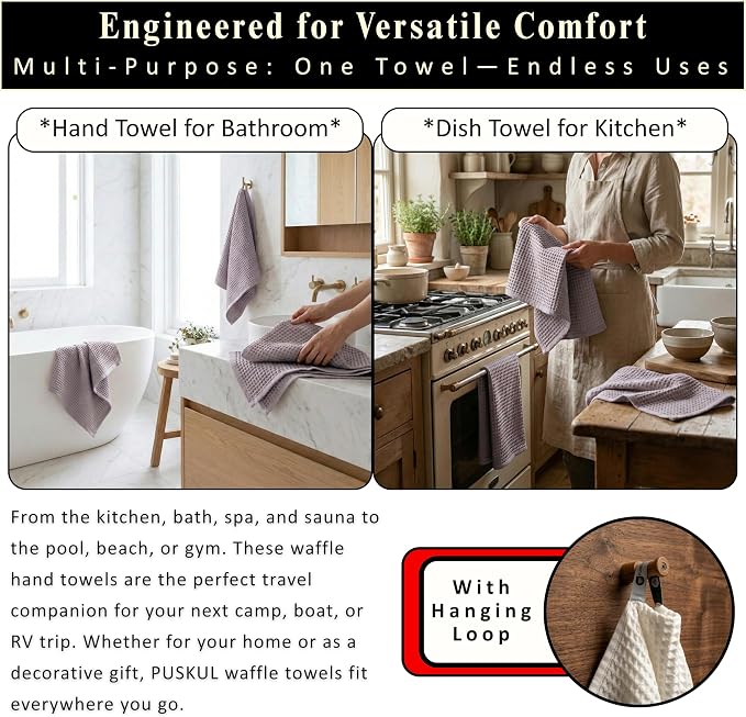 PÜSKÜL Natural 100% Turkish Cotton Waffle Kitchen Towels Set of 3 | Oeko-Tex, Premium Waffle Hand Towels for Bathroom | Soft Absorbent Quick-Dry Lint-Free Dish Towel Large 32x16 inch (3, Gray)