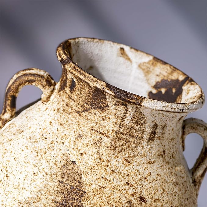 Pottery Vase - Vintage Rustic vase, 10" White Farmhouse Weathered Terracotta Vases, Handmade Clay Vase with Two Handles, Tall Textured Antique vases for Home Decor, Entryway, Fireplace Mantel Deco