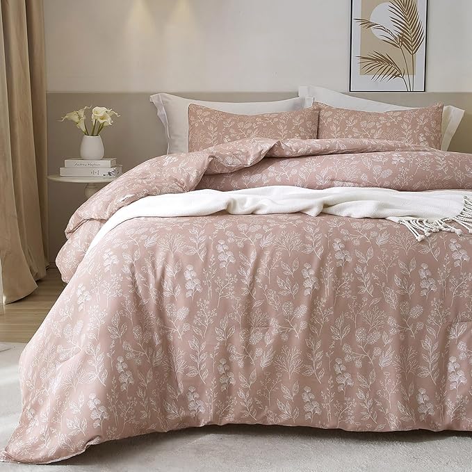 HighBuy Mauve Flowers Comforter Set Queen Size Soft Fluffy Floral Bedding Set Vintage Farmhouse Floral Comforter Set Garden Chic Botanical Comforter for Girls Teens Women,Queen Comforter Set