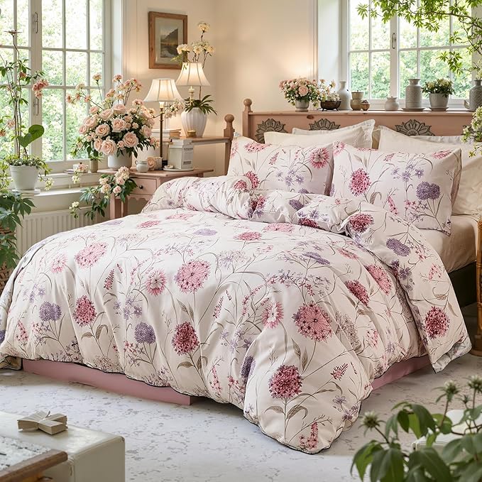 Bedding_Dreamer Queen Floral Comforter Set 100% Cotton Comforter 3 Pcs Red Pink Flower Bedding Set Lightweight Soft Reversible Bedding for All Season