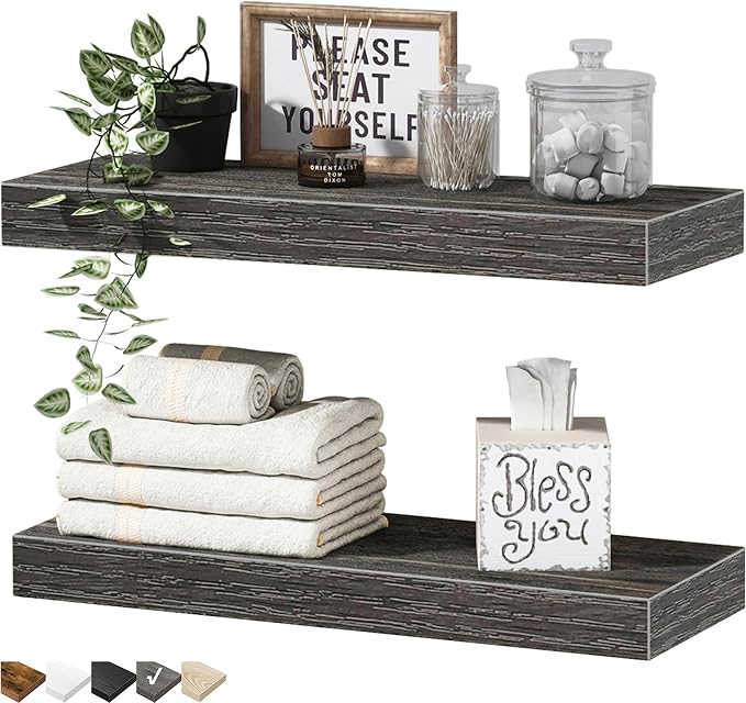 QEEIG Bathroom Floating Shelves for Wall - 15.7" Wall Mounted Shelf Over Toilet Farmhouse Home Decor Display Bookshelf Small 15.7 x 6.7 inch Set of 2, Grey (008-40GY)