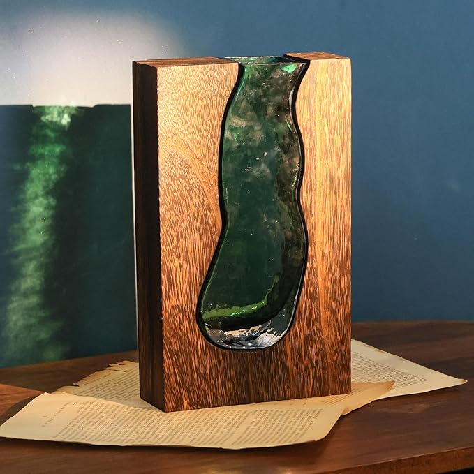 Wood and Glass Inlay Vases Farmhouse Wooden Glass Flower Vase Solid Wood Glass Vase Home Decor Vases for Centerpiece (9.45 Inches)