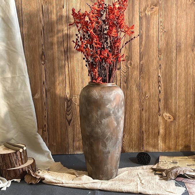 15 Inch Vintage Farmhouse Decor Ceramic Rustic Vase, Handmade Brown Flower Vases for Centerpieces, Living Room & Kitchen Shelf Decorative Pottery Vase for Home Decor