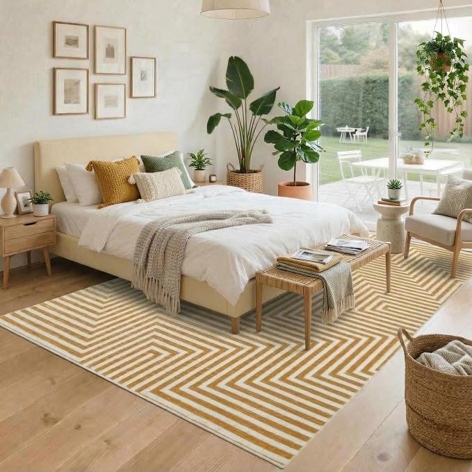 8x10 Washable Large Rug for Living Room Neutral Modern Geometric Lines Rugs for Dining Kids Room Playroom Low Pile Soft Bedroom Carpet Thin Foldable Modern Abstract Rug, Orange Yellow