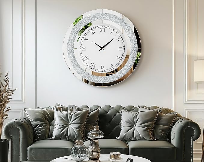Crushed Diamond Wall Clock Round Decorative Mirrored Clock 32 inch Silver