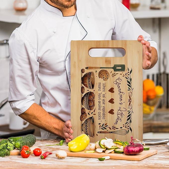 Grandma Cutting Board, Grandma Gifts From Grandkids,Mother's Day Kitchen Gifts for Mom from Daughters Sons Kids, Grandma's Kitchen Decorative Bamboo Cutting Board