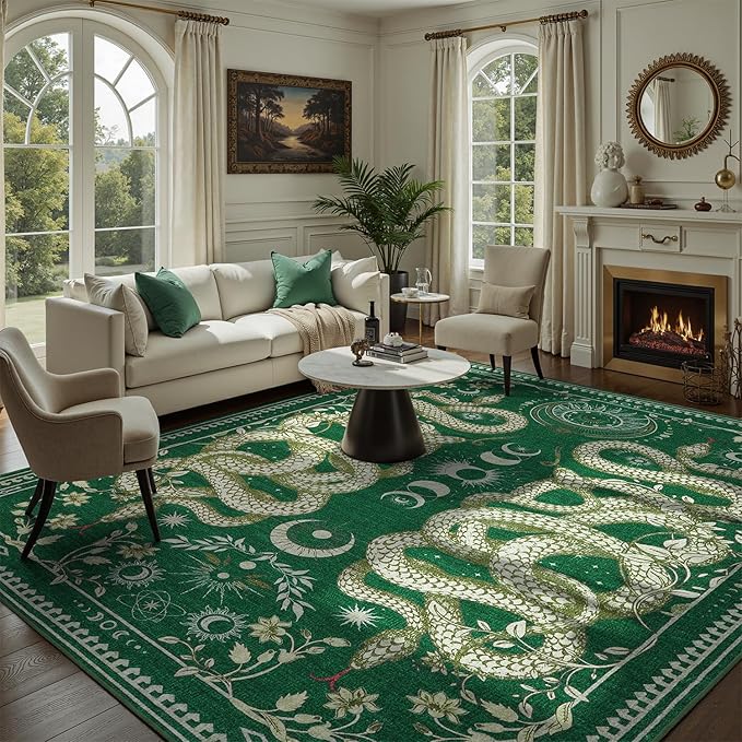 DCX Washable 8x10 Snake Rug, Green Gothic Rug for Living Room, Soft Low Pile Carpet, Kid & Pet Friendly with Rubber Back Non Slip, Stain Resistant Rug for Bedroom Dining Room Office