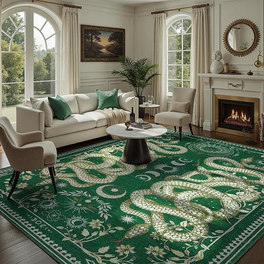 DCX Washable 8x10 Snake Rug, Green Gothic Rug for Living Room, Soft Low Pile Carpet, Kid & Pet Friendly with Rubber Back Non Slip, Stain Resistant Rug for Bedroom Dining Room Office