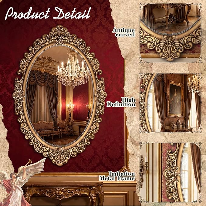 Vercraft 24" x 36" Vintage Gold Mirror for Wall, Antique Gold Oval Baroque Mirror with Imitation Resin Frame, Ornate Wall Decor for Entryway, Fireplace, Living Room, Hallway