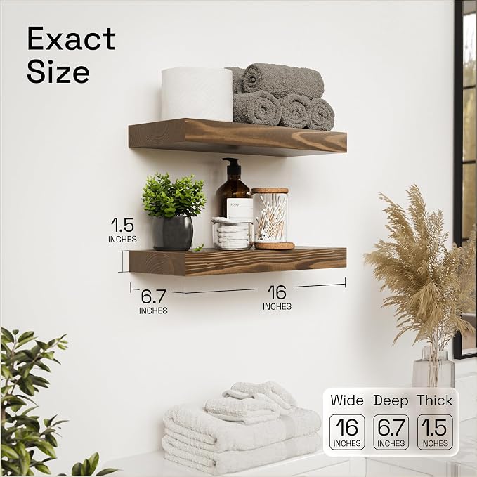 BAOBAB WORKSHOP Wood Floating Shelves for Wall Mounted, 16 inch Walnut Floating Shelf for Bathroom, Solid Wooden Wall Shelves for Kitchen Bedroom Farmhouse, Walnut Finish, 16 x 6.7, Set of 2
